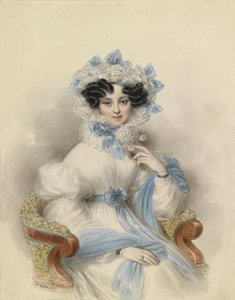 Retrato de la archiduquesa Henriette de Austria con vestido blanco y lazos azules, sentada en un sillón de Johann Ender